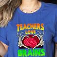 Teacher Teachers Love Brains Skeleton Hand Heart Halloween Women's Heather T-Shirt Heather True Royal