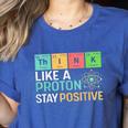 Think Like A Proton Stay Positive Science Teacher Women's Heather T-Shirt Heather True Royal