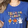 Trick Or Teach Candy Corn Pumpkin Ghost Teacher Women's Heather T-Shirt Heather True Royal