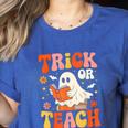 Trick Or Teach Halloween Shirt For Teacher Kids Floral Ghost Women's Heather T-Shirt Heather True Royal Trick Or Teach Halloween Shirt For Teacher Kids Floral Ghost Women's Heather T-Shirt Heather True Royal