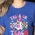 Trick Or Teach Halloween Teacher Floral Ghost Groovy Women's Heather T-Shirt Heather True Royal