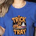 Trick Or Tray Halloween Cafeteria Teacher School Women's Heather T-Shirt Heather True Royal Trick Or Tray Halloween Cafeteria Teacher School Women's Heather T-Shirt Heather True Royal