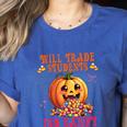 Will Trade Students For Candy Teacher Cute Halloween Pumpkin Women's Heather T-Shirt Heather True Royal