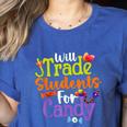 Will Trade Students For Candy Teacher Halloween Costume Women's Heather T-Shirt Heather True Royal Will Trade Students For Candy Teacher Halloween Costume Women's Heather T-Shirt Heather True Royal