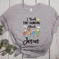 I Teach Tiny Humans About Jesus Sunday School Teacher Women's Heather T-Shirt Athletic Heather I Teach Tiny Humans About Jesus Sunday School Teacher Women's Heather T-Shirt Athletic Heather