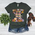 Fall In Love With Reading Halloween Stack Of Book Teacher Women's Heather T-Shirt Heather Forest