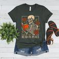 Read In Peace Skeleton Reading Book Halloween Teacher Women's Heather T-Shirt Heather Forest