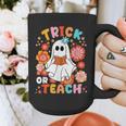 Groovy Halloween Trick Or Teach Retro Floral Ghost Teacher For Men Women Kids Graphic Print Coffee Mug, Groovy Teacher Gifts, funny design