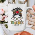 Teacher Life Messy Bun Glasses Leopard Sunflower Graphic Print Coffee Mug, funny design