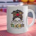 Teacher Life Messy Bun Glasses Leopard Sunflower Graphic Print Coffee Mug, gift for family, gift for coworker