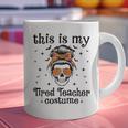 This Is My Tired Teacher Costume Skull Halloween Messy Bun Graphic Print Coffee Mug, gift for family, gift for coworker