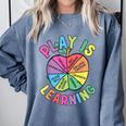 Apple Retro Play Is Learning Kindergarten Teacher Daycare Comfort Colors Sweatshirt Blue Jean