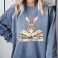 Cute Reading Bunny Glasses Books Bookworm Reader Teacher Comfort Colors Sweatshirt Blue Jean