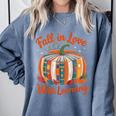 Fall In Love With Learning Book Lover Autumn Pumpkin Teacher Comfort Colors Sweatshirt Blue Jean