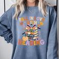 Fall In Love With Reading Halloween Stack Of Book Teacher Comfort Colors Sweatshirt Blue Jean