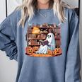 Ghost Book Reading Halloween Books Lover Teacher Comfort Colors Sweatshirt Blue Jean