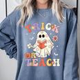 Groovy Halloween Trick Or Teach Retro Floral Ghost Teacher Comfort Colors Sweatshirt Blue Jean