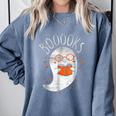 Halloween Cute Ghost Book Reading Teacher Comfort Colors Sweatshirt Blue Jean