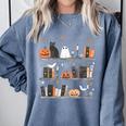 Halloween Library Ghost Books Teacher Spooky Trick Or Teach Comfort Colors Sweatshirt Blue Jean