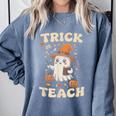 Halloween Teacher Shirts Women School Trick Or Teach Groovy Comfort Colors Sweatshirt Blue Jean