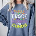 Halloween Teacher Will Trade Students For Candy Women Men Comfort Colors Sweatshirt Blue Jean Halloween Teacher Will Trade Students For Candy Women Men Comfort Colors Sweatshirt Blue Jean