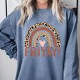 Happy Fri-Yay Friday Lovers Fun Teacher Leopard Rainbow Men Women Girls Kids Comfort Colors Sweatshirt Blue Jean
