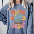 Helping Little Minds Grow Teacher First Day Back To School Comfort Colors Sweatshirt Blue Jean