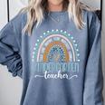 Kindergarten Teacher Leopard Boho Rainbow Back To School Comfort Colors Sweatshirt Blue Jean