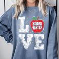 LOVE Kindergarten Teacher Student School Apple Comfort Colors Sweatshirt Blue Jean