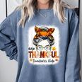 One Thankful Teacher's Aide Messy Bun Thanksgiving Fall Comfort Colors Sweatshirt Blue Jean