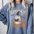 Spooky Teacher Halloween Cute Ghost Pumpkin Reading Women Comfort Colors Sweatshirt Blue Jean