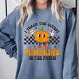 I Teach The Cutest Pumpkins In The Patch Groovy Teacher Fall Comfort Colors Sweatshirt Blue Jean