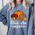 Teach Love Inspire Autumn Fall Plaid Leopard Pumpkin Teacher For Men Women Kids Comfort Colors Sweatshirt Blue Jean