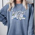Teacher Blue Chinoiserie Coquette Bow Heart Teacher Life Comfort Colors Sweatshirt Blue Jean