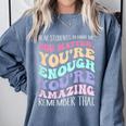 Teacher Dear Students Behind Me 1st Day Of School On Back Comfort Colors Sweatshirt Blue Jean