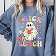 Teacher Halloween Trick Or Teach Floral Ghost Comfort Colors Sweatshirt Blue Jean