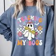 Teaching My Boos Ghost Teacher Cute Groovy Halloween Teacher Comfort Colors Sweatshirt Blue Jean