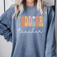 Toddler Teacher Retro Groovy Women Happy First Day Of School Comfort Colors Sweatshirt Blue Jean