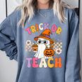 Trick Or Teach Cute Ghost Coffee Pumpkins Halloween Teacher Comfort Colors Sweatshirt Blue Jean