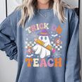 Trick Or Teach Groovy Teacher Halloween Retro Ghost Comfort Colors Sweatshirt Blue Jean