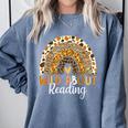 Wild About Reading Teacher Back To School Leopard Rainbow Comfort Colors Sweatshirt Blue Jean