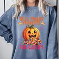 Will Trade Students For Candy Teacher Cute Halloween Pumpkin Comfort Colors Sweatshirt Blue Jean