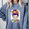 Witchy Teacher Halloween Messy Bun Teacher Bleached Comfort Colors Sweatshirt Blue Jean