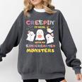 Creepin It Real With Kindergarten Monsters Halloween Teacher Comfort Colors Sweatshirt Pepper
