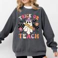 Trick Or Teach Groovy Teacher Halloween Retro Floral Ghost Comfort Colors Sweatshirt Pepper