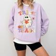 Groovy Halloween Trick Or Teach Retro Floral Ghost Teacher Comfort Colors Sweatshirt Orchid