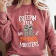 Creepin It Real With My 2nd Grade Monsters Halloween Teacher For Men Women Kids Comfort Colors Sweatshirt Crimson