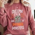 Creepin It Real With My 3rd Grade Monsters Halloween Teacher Comfort Colors Sweatshirt Crimson