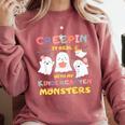 Creepin It Real With Kindergarten Monsters Halloween Teacher Comfort Colors Sweatshirt Crimson