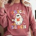 Groovy Halloween Trick Or Teach Retro Floral Ghost Teacher Comfort Colors Sweatshirt Crimson